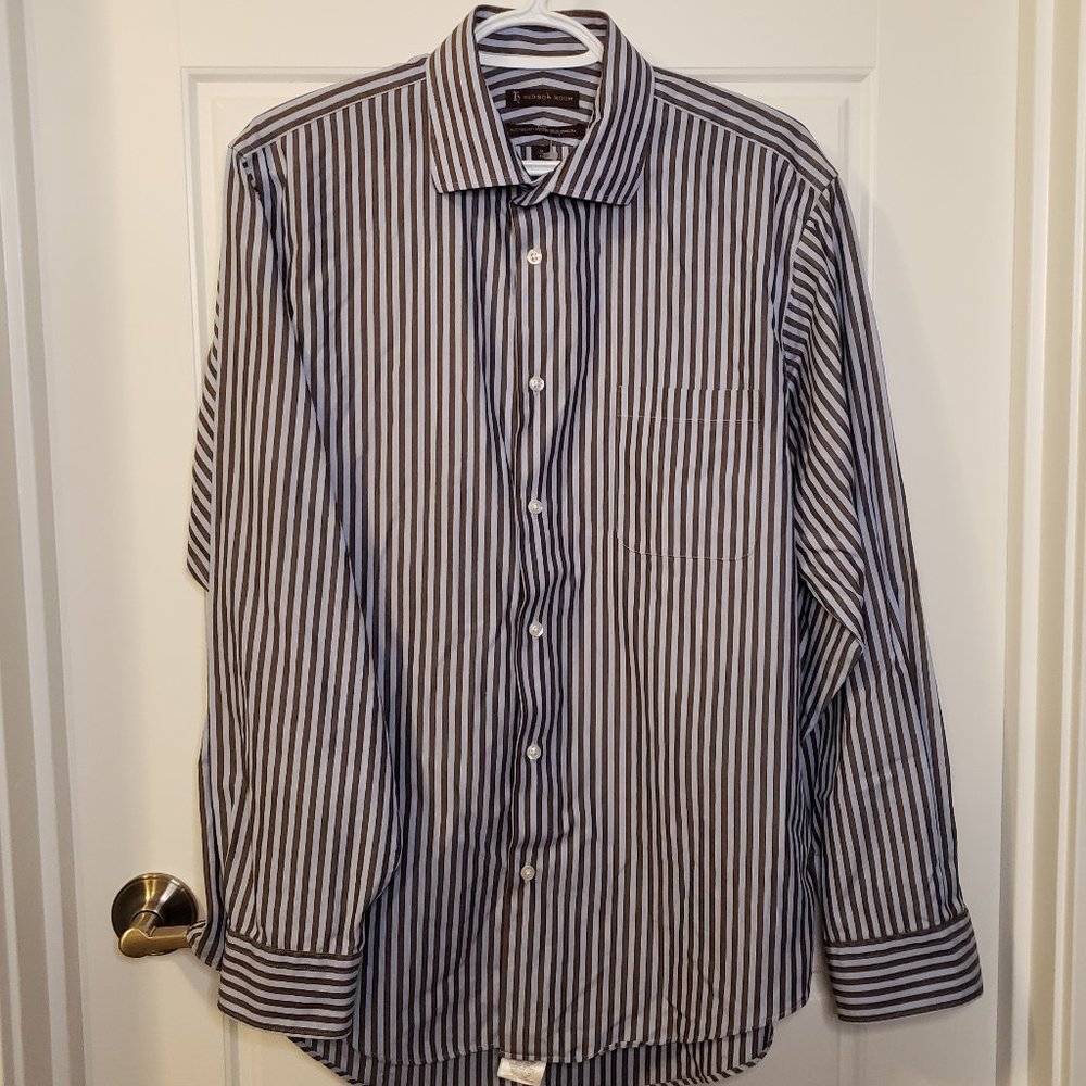 Hudson Room 100% Egyptian Cotton Blue Mocha Vertical Striped Dress Shirt-Size:16